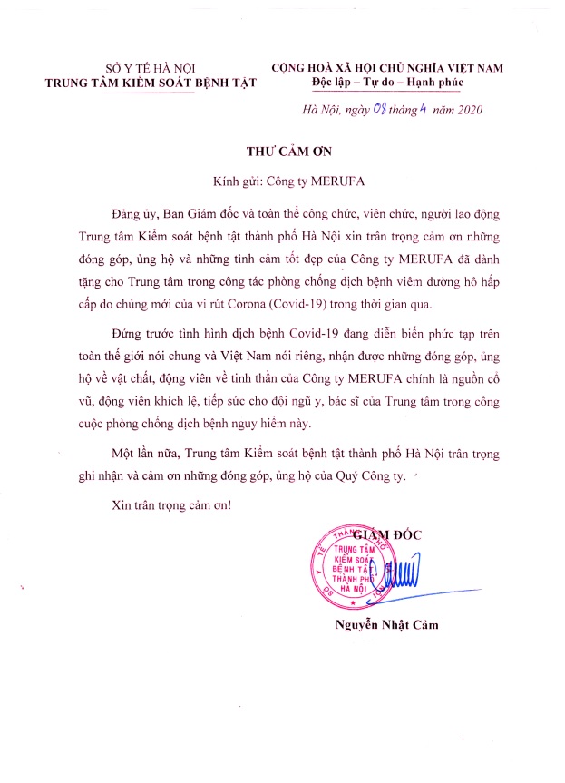 Thư cảm ơn của Hanoi CDC